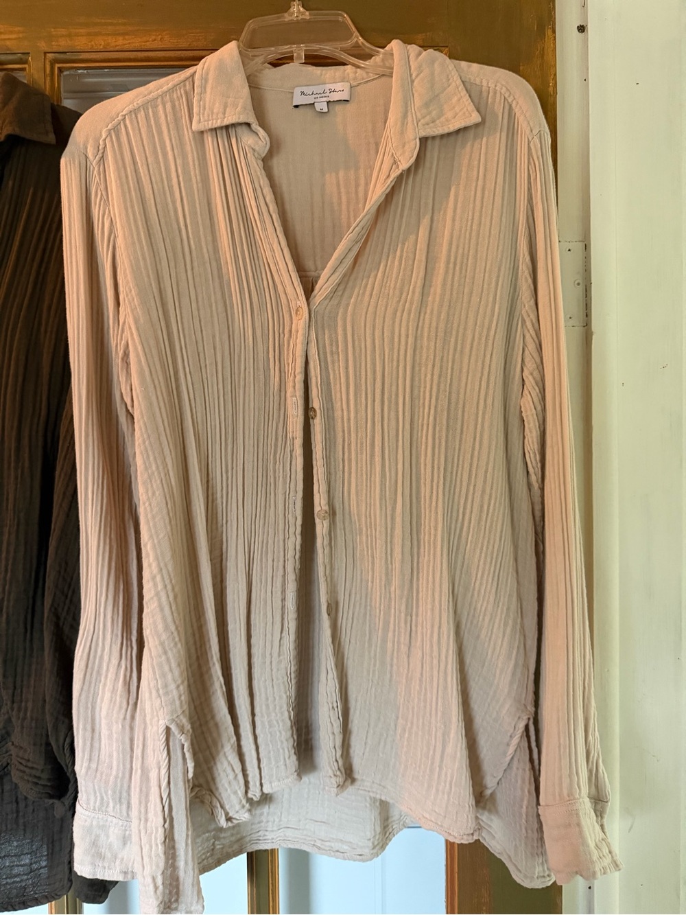 Michael Stars Beige Crinkle Button-Down Shirt